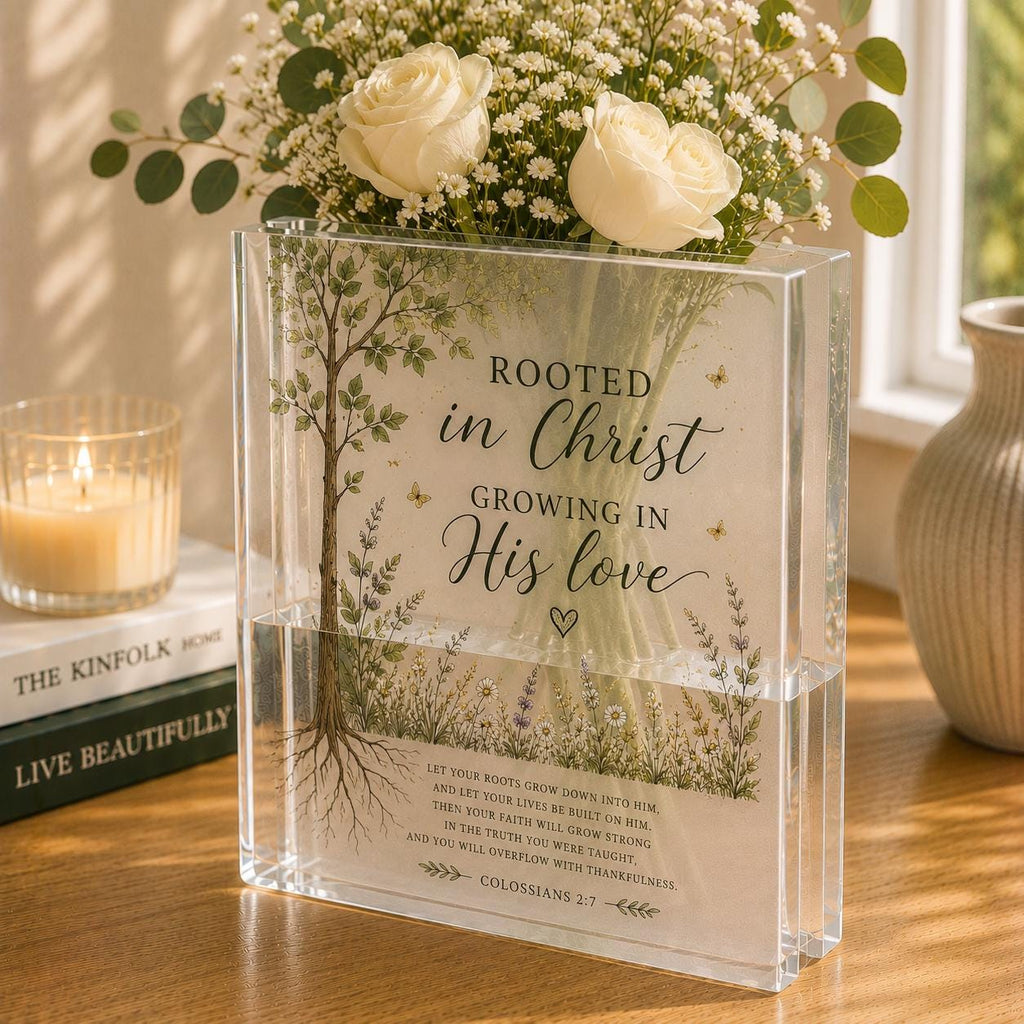 Christian Book Vase, Acrylic Flower Vase, Colossians 2:7 Gift, Rooted in Christ Decor, Faith Gift for Women - product image 2
