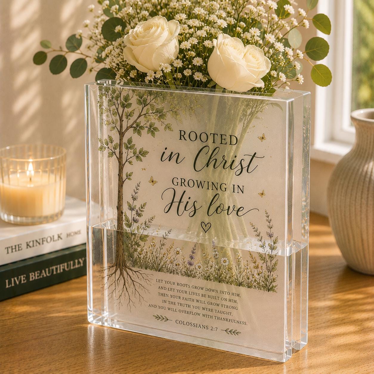 Christian Book Vase, Acrylic Flower Vase, Colossians 2:7 Gift, Rooted in Christ Decor, Faith Gift for Women - product image 2