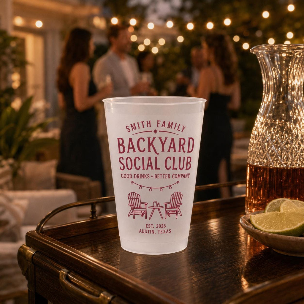 Personalized Frosted Cups, Backyard Social Club Party Cups, Custom Family Name Pool & Patio Cups, Summer Housewarming Gift