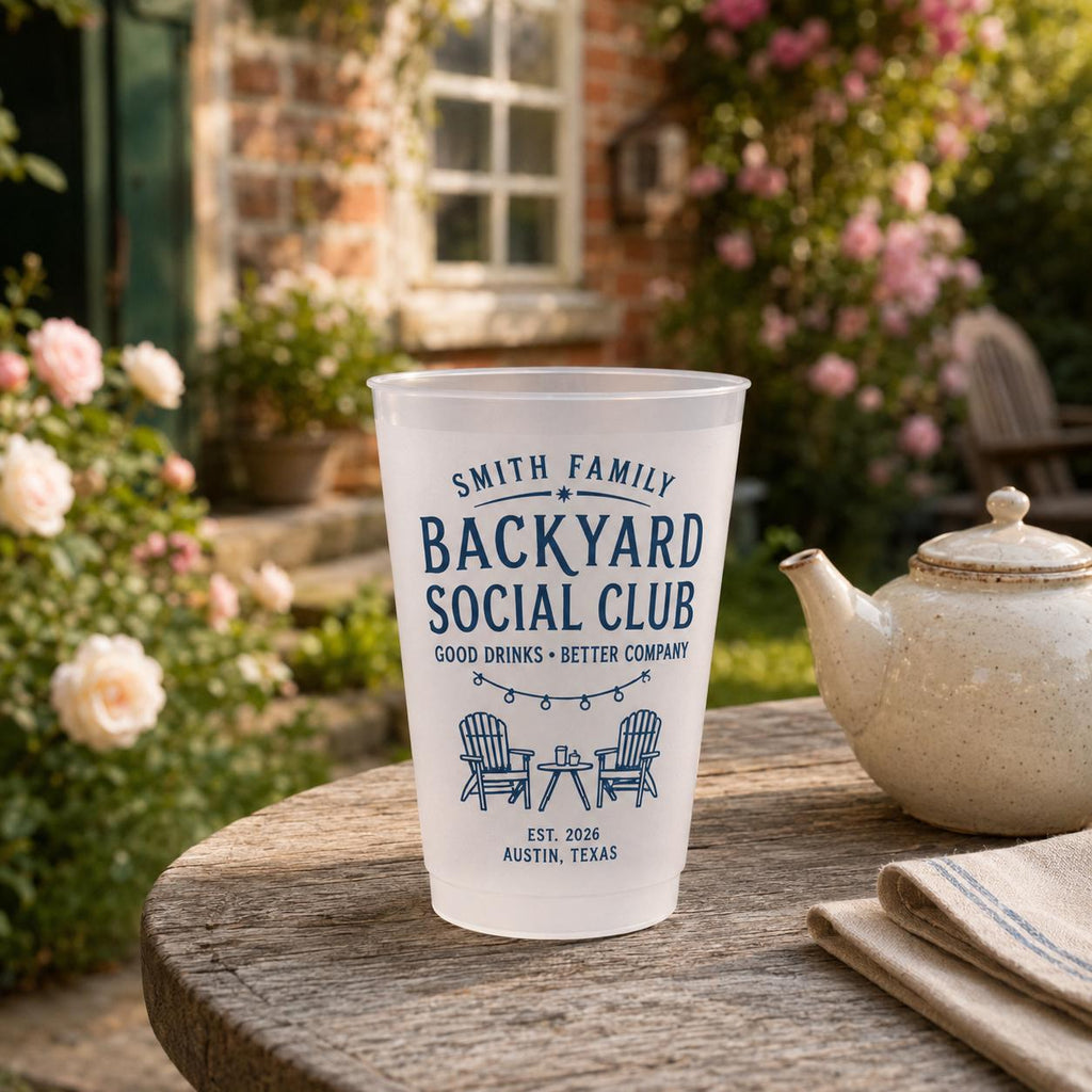 Personalized Frosted Cups, Backyard Social Club Party Cups, Custom Family Name Pool & Patio Cups, Summer Housewarming Gift