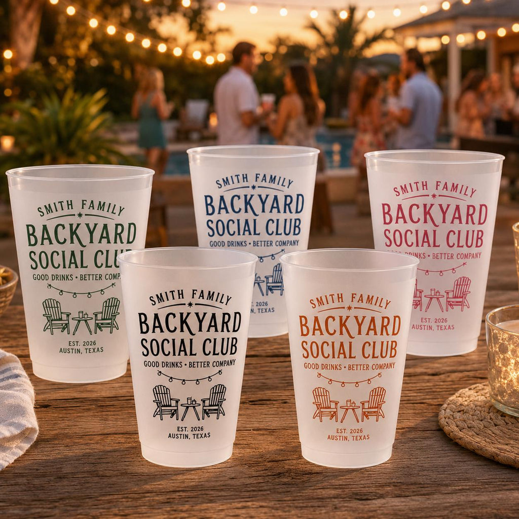 Personalized Frosted Cups, Backyard Social Club Party Cups, Custom Family Name Pool & Patio Cups, Summer Housewarming Gift