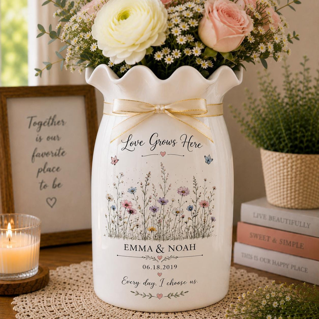 Personalized Couple Ceramic Flower Vase, Custom Names and Date Vase, Anniversary Gift, Wedding Keepsake - product image 1