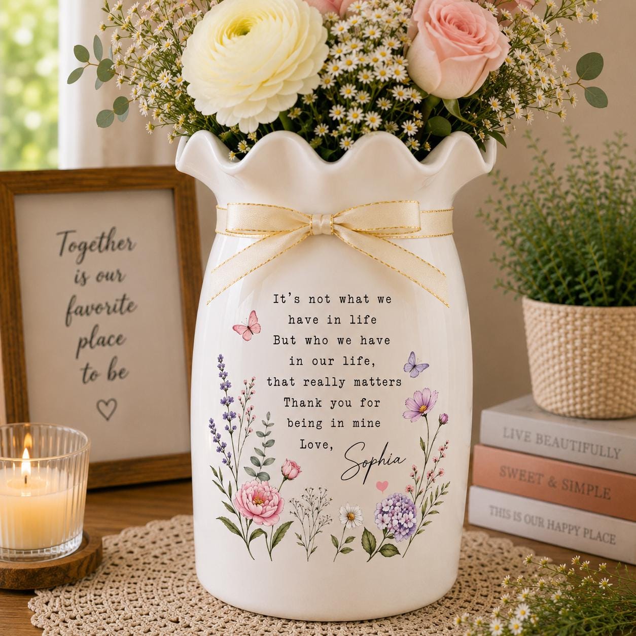 Personalized Friendship Ceramic Flower Vase, Custom Thank You Gift for Best Friend, Meaningful Birthday - product image 1