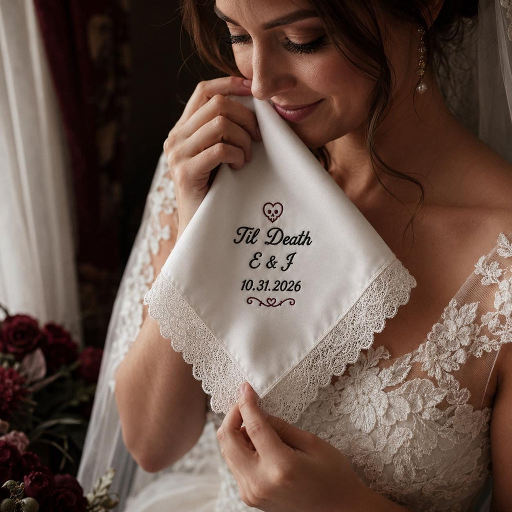Til Death Embroidered Handkerchief, Halloween Wedding Hanky, Personalized Gothic Satin Lace Keepsake Gift