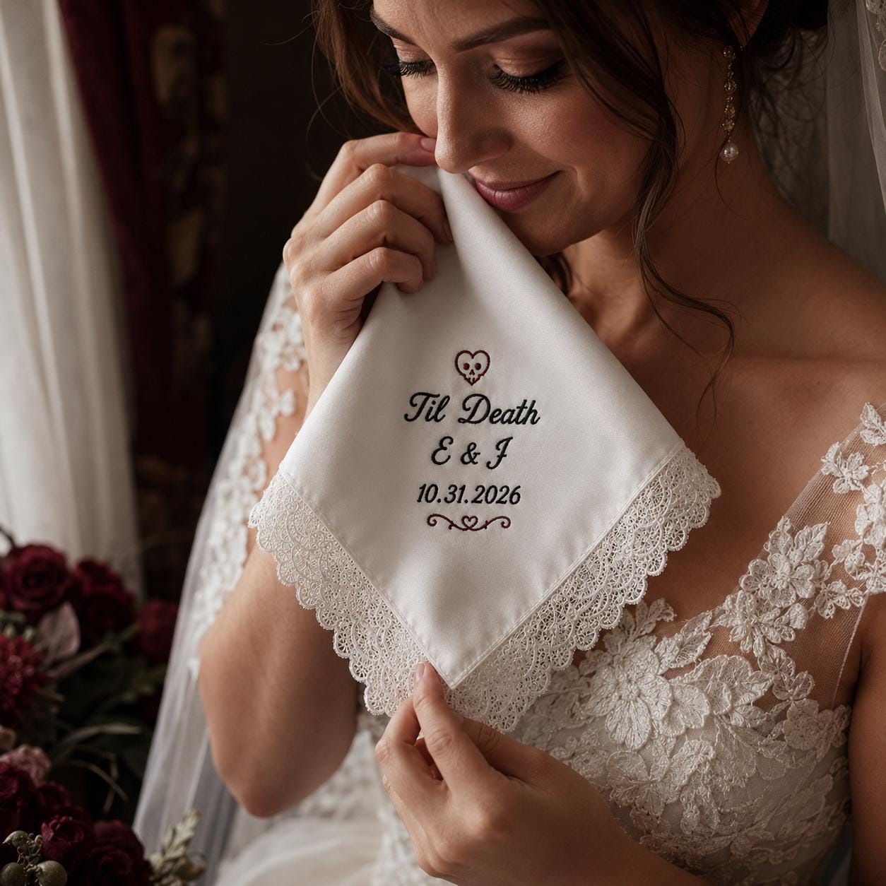 Til Death Embroidered Handkerchief, Halloween Wedding Hanky, Personalized Gothic Satin Lace Keepsake Gift