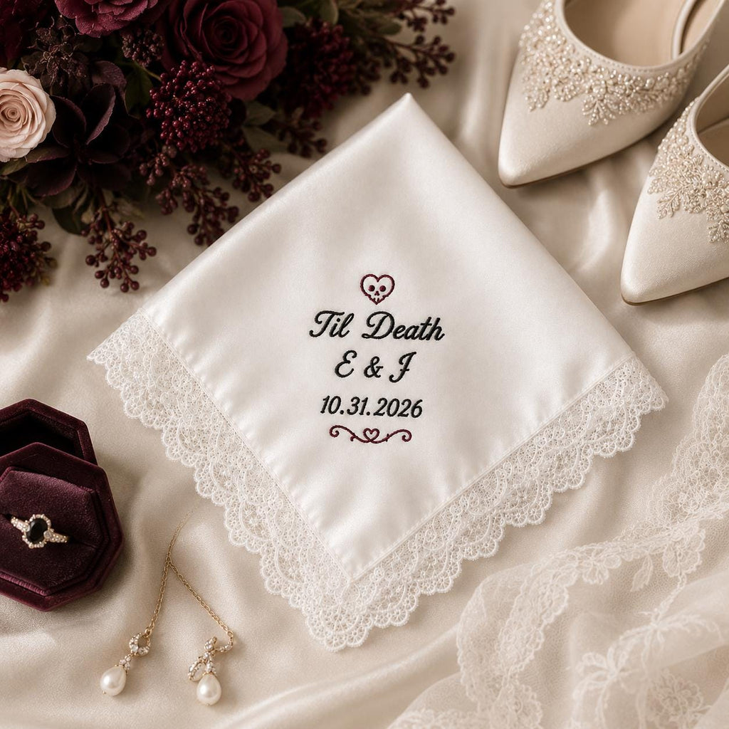 Til Death Embroidered Handkerchief, Halloween Wedding Hanky, Personalized Gothic Satin Lace Keepsake Gift