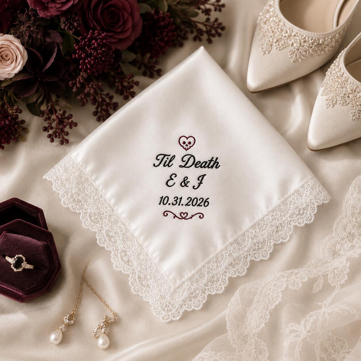 Til Death Embroidered Handkerchief, Halloween Wedding Hanky, Personalized Gothic Satin Lace Keepsake Gift