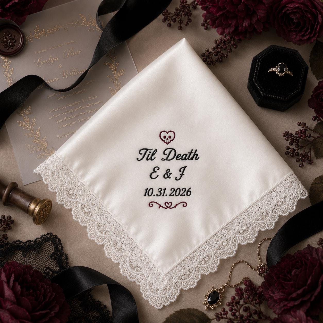 Til Death Embroidered Handkerchief, Halloween Wedding Hanky, Personalized Gothic Satin Lace Keepsake Gift