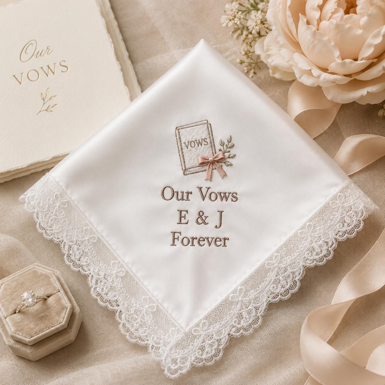 Our Vows Embroidered Handkerchief, Personalized Wedding Vow Hanky, Satin Lace Keepsake Gift for Bride Groom