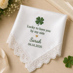 Lucky Charm Embroidered Handkerchief, Personalized Good Luck Hanky, Custom Clover Satin Keepsake Gift