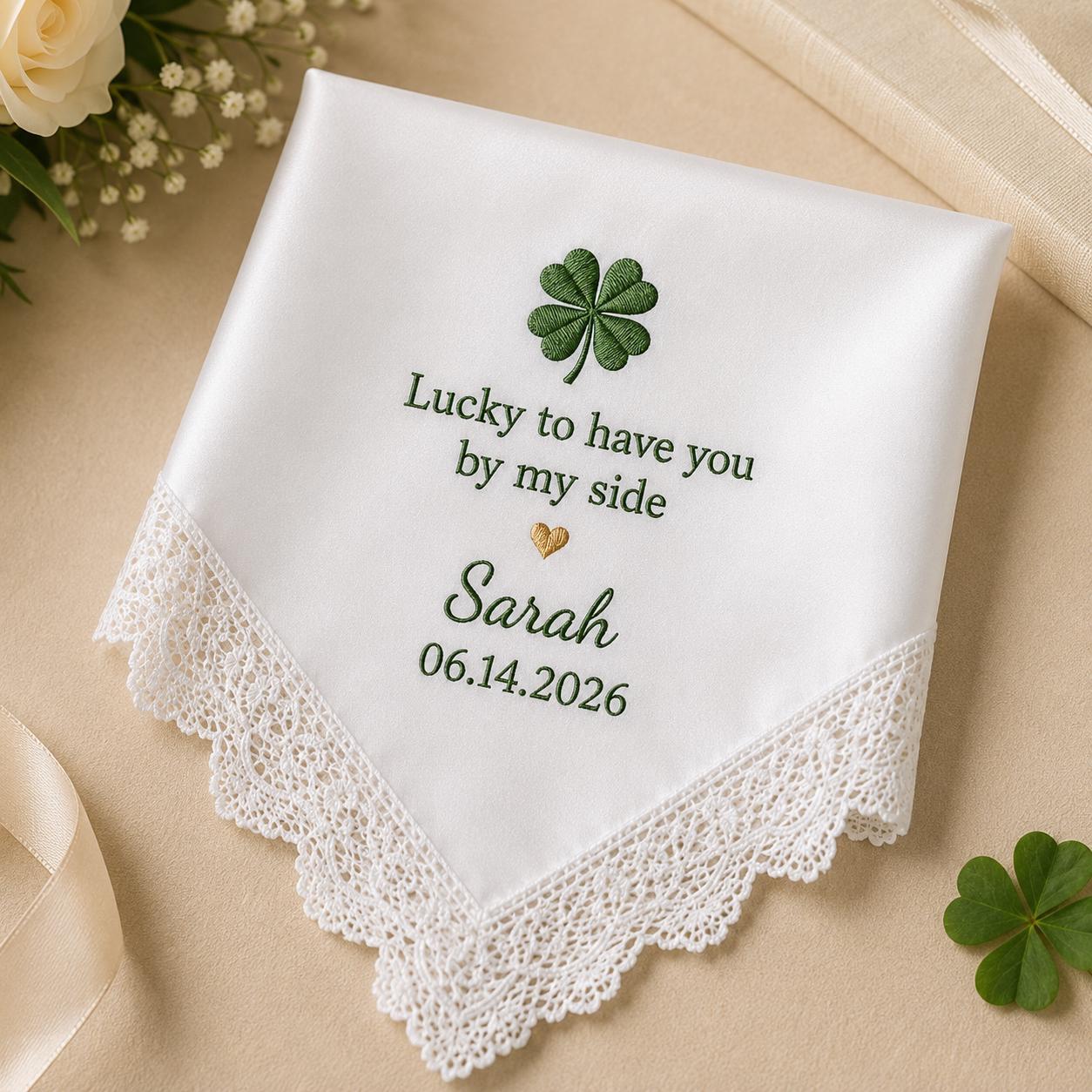 Lucky Charm Embroidered Handkerchief, Personalized Good Luck Hanky, Custom Clover Satin Keepsake Gift