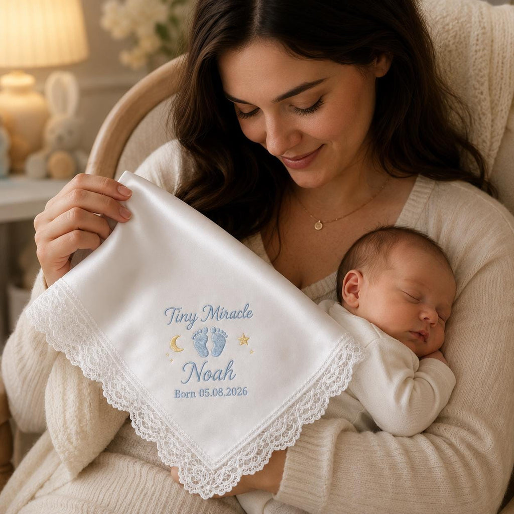 Tiny Miracle Embroidered Handkerchief, Personalized Baby Keepsake Hanky, Custom Newborn Satin Lace Gift