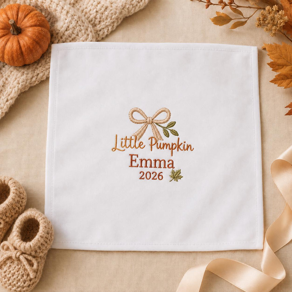 Little Pumpkin Embroidered Handkerchief, Personalized Baby Keepsake Hanky, Custom Fall Newborn Gift