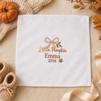 Little Pumpkin Embroidered Handkerchief, Personalized Baby Keepsake Hanky, Custom Fall Newborn Gift