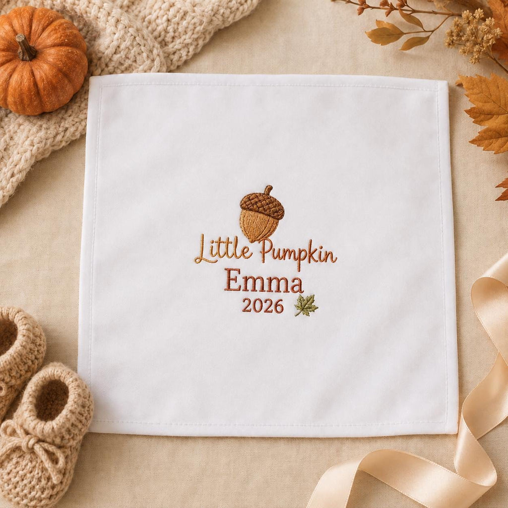 Little Pumpkin Embroidered Handkerchief, Personalized Baby Keepsake Hanky, Custom Fall Newborn Gift