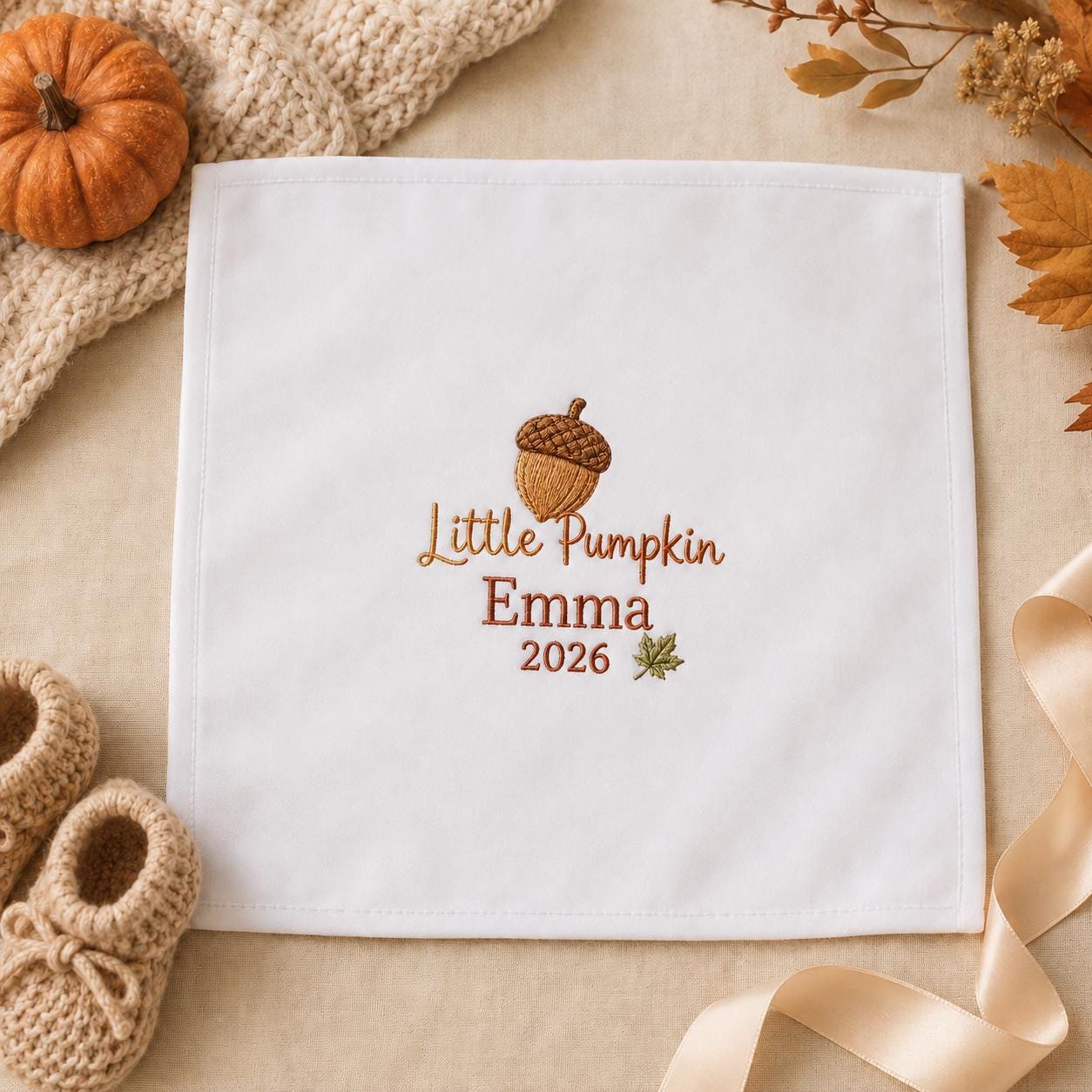 Little Pumpkin Embroidered Handkerchief, Personalized Baby Keepsake Hanky, Custom Fall Newborn Gift