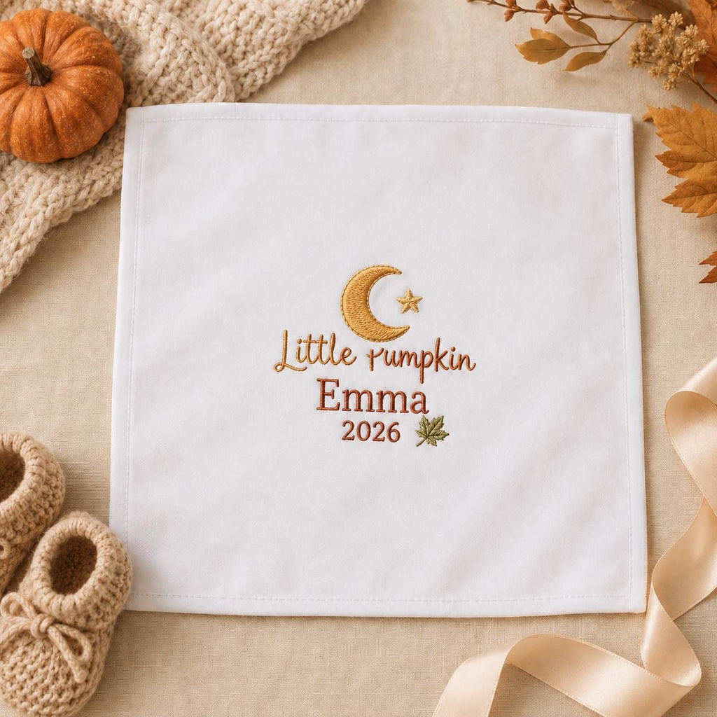 Little Pumpkin Embroidered Handkerchief, Personalized Baby Keepsake Hanky, Custom Fall Newborn Gift