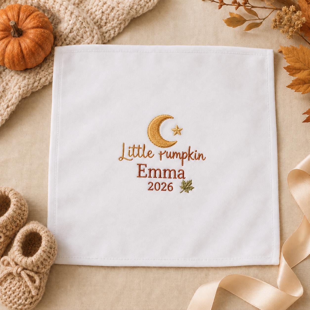 Little Pumpkin Embroidered Handkerchief, Personalized Baby Keepsake Hanky, Custom Fall Newborn Gift