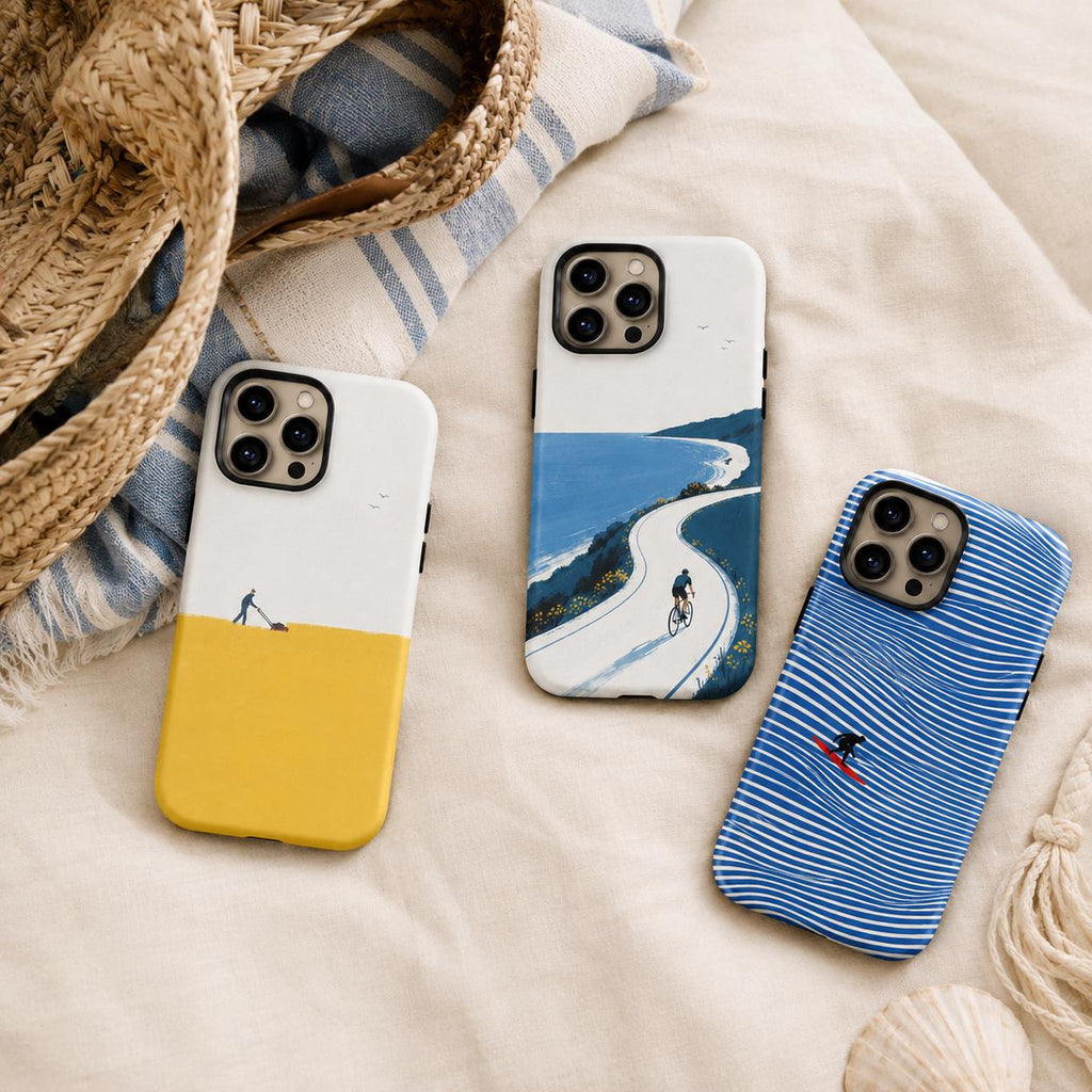 Surfer Wave Phone Case, Blue Ocean Beach iPhone Case, Minimal Coastal Surf Case Gift