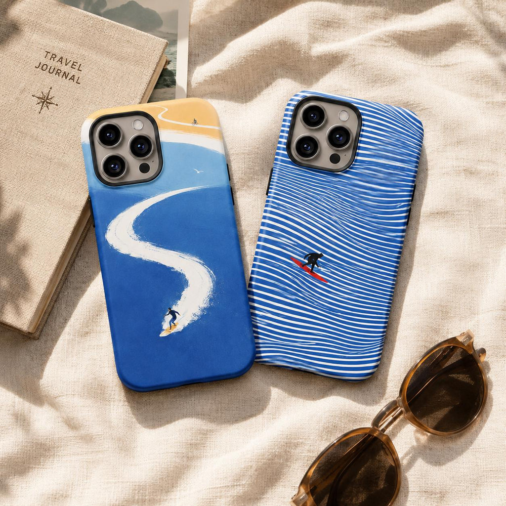 Surfer Wave Phone Case, Blue Ocean Beach iPhone Case, Minimal Coastal Surf Case Gift