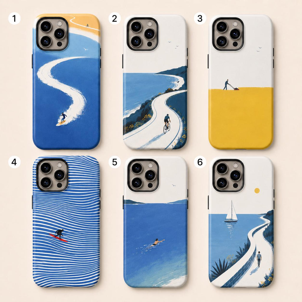 Surfer Wave Phone Case, Blue Ocean Beach iPhone Case, Minimal Coastal Surf Case Gift