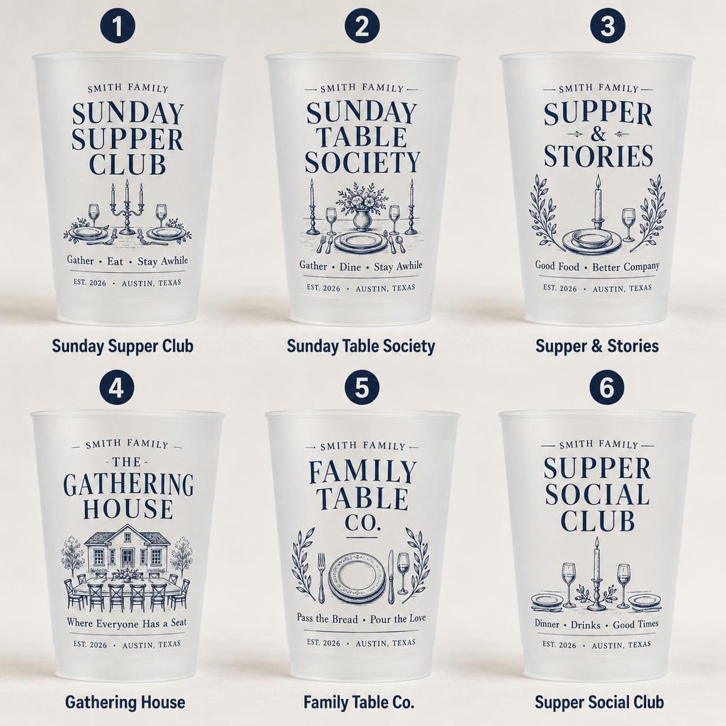 Personalized Frosted Cups, Sunday Supper Club Cups, Custom Family Name Party Cups, Dinner Party Favors, Housewarming Gift