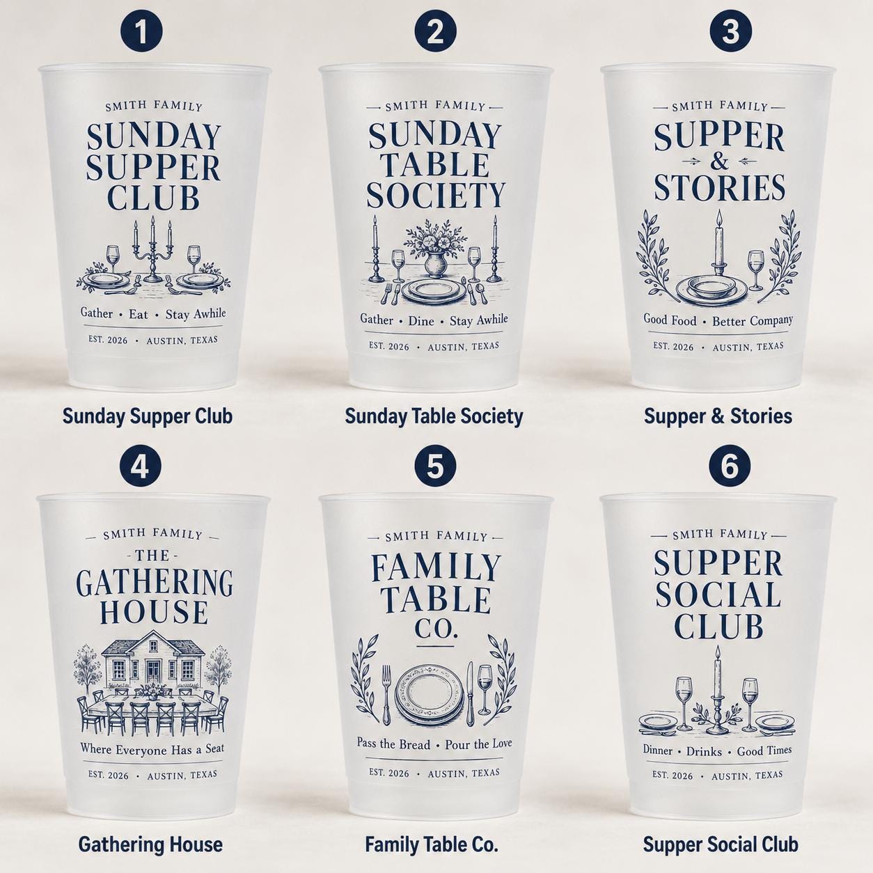 Personalized Frosted Cups, Sunday Supper Club Cups, Custom Family Name Party Cups, Dinner Party Favors, Housewarming Gift