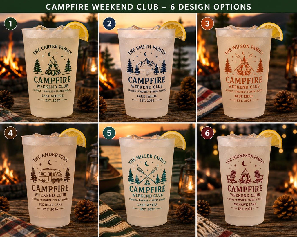 Personalized Campfire Frosted Cups, Custom Family Camping Cups, Cabin Weekend Party Favors, Lake House Reunion Cups