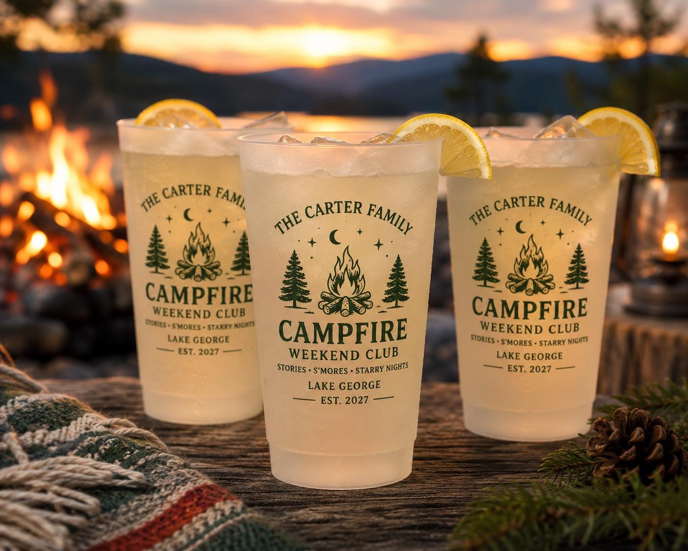 Personalized Campfire Frosted Cups, Custom Family Camping Cups, Cabin Weekend Party Favors, Lake House Reunion Cups
