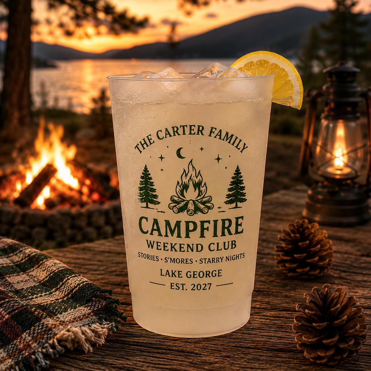 Personalized Campfire Frosted Cups, Custom Family Camping Cups, Cabin Weekend Party Favors, Lake House Reunion Cups