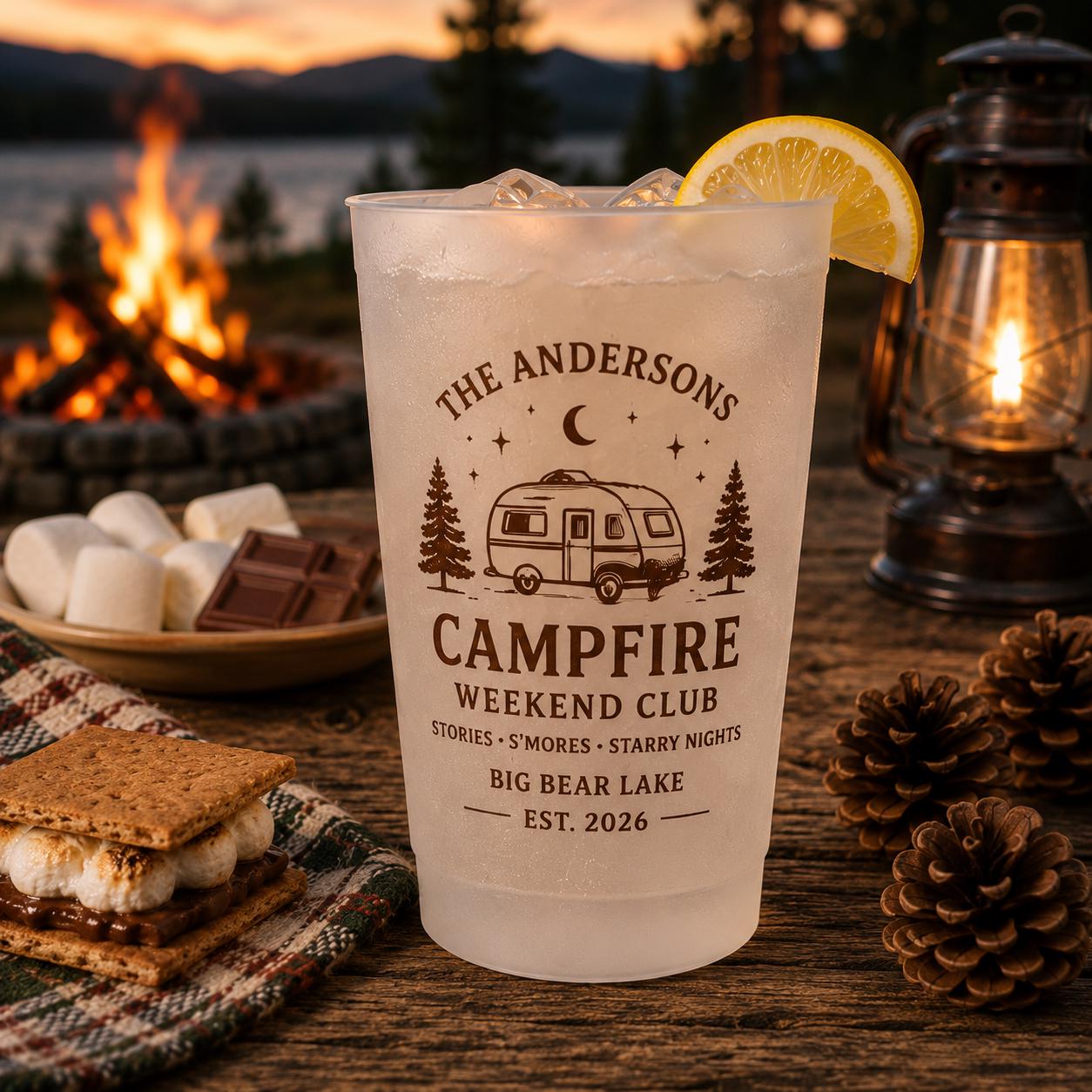 Personalized Campfire Frosted Cups, Custom Family Camping Cups, Cabin Weekend Party Favors, Lake House Reunion Cups