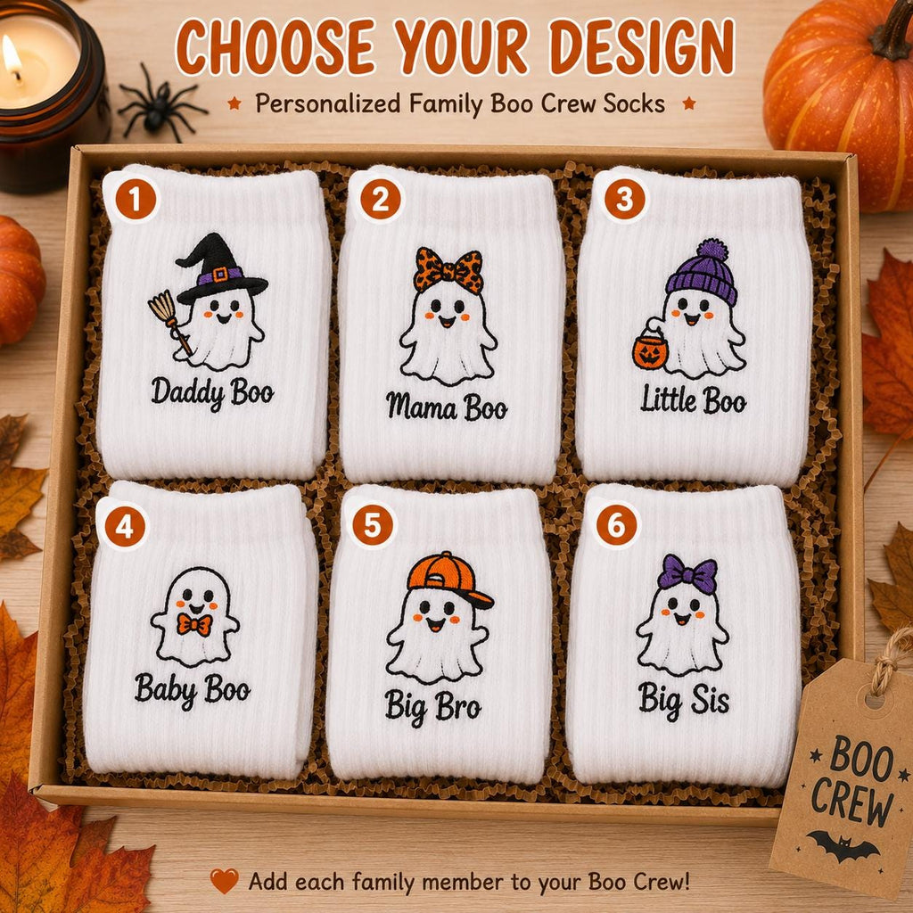 Personalized Family Boo Crew Embroidered Socks, Custom Mama Daddy Little Boo Ghost Socks, Matching Halloween Family Gift
