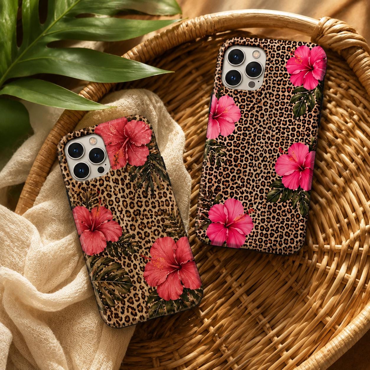 Leopard Hibiscus Phone Case, Tropical Floral iPhone Case, Pink Flower Animal Print Gift