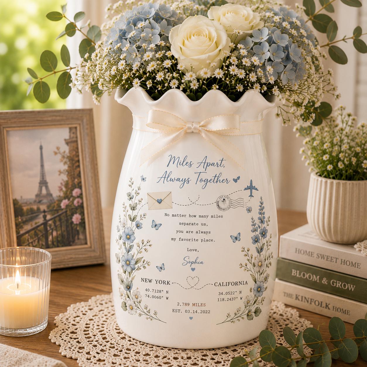 Personalized Long Distance Ceramic Vase, Custom Miles Apart Flower Vase, Friendship or Couple Gift, Moving - product image 1