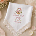Flower Girl Embroidered Handkerchief, Personalized Wedding Hanky, Satin Lace Keepsake Gift for Flower Girl