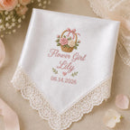 Flower Girl Embroidered Handkerchief, Personalized Wedding Hanky, Satin Lace Keepsake Gift for Flower Girl