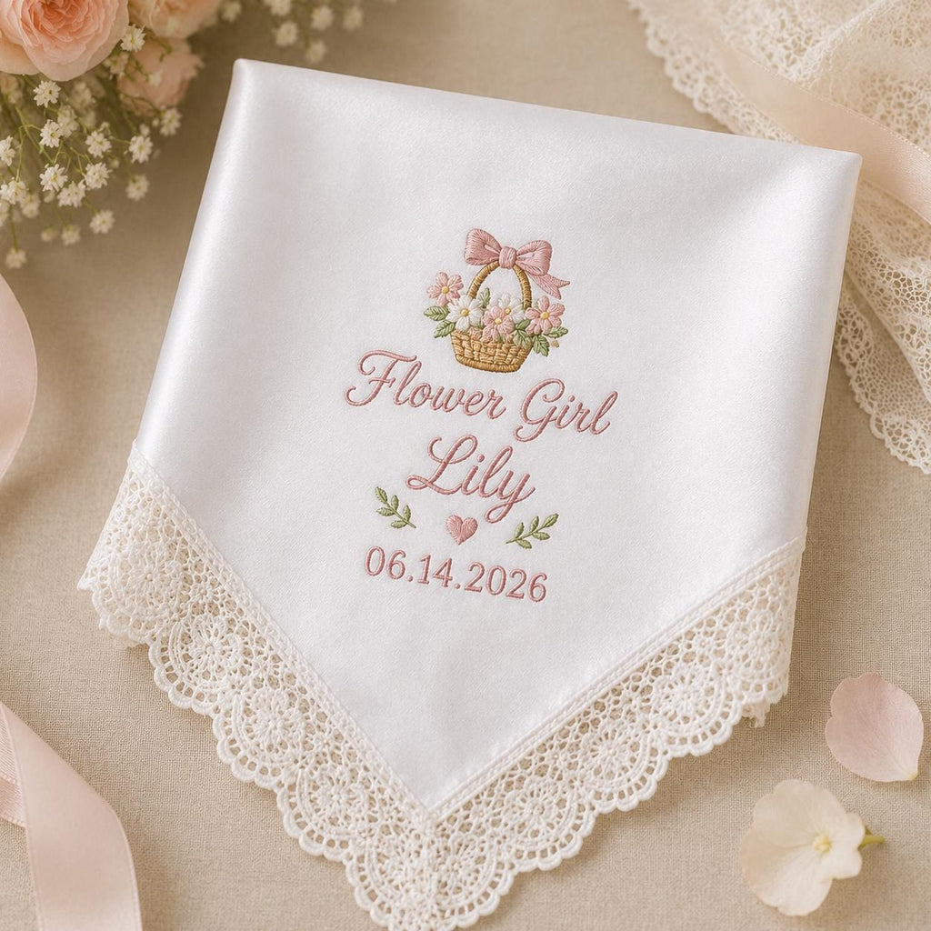 Flower Girl Embroidered Handkerchief, Personalized Wedding Hanky, Satin Lace Keepsake Gift for Flower Girl