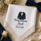 Ring Bearer Embroidered Handkerchief, Personalized Wedding Hanky, Satin Lace Keepsake Gift for Ring Bearer