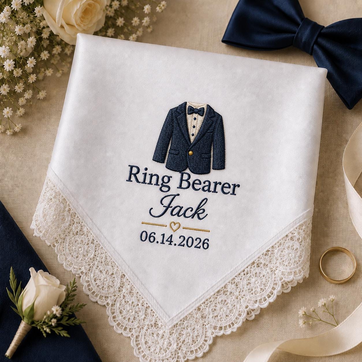 Ring Bearer Embroidered Handkerchief, Personalized Wedding Hanky, Satin Lace Keepsake Gift for Ring Bearer
