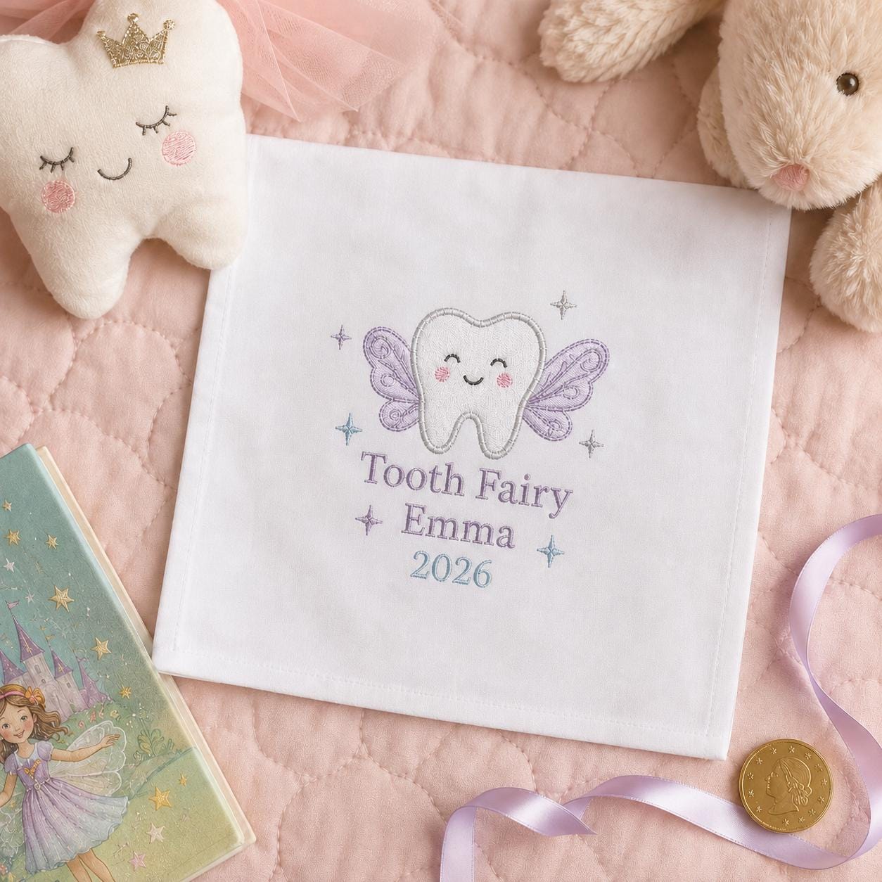 Tooth Fairy Embroidered Handkerchief, Personalized Kids Keepsake Hanky, Custom First Tooth Gift, Satin Fairy Gift