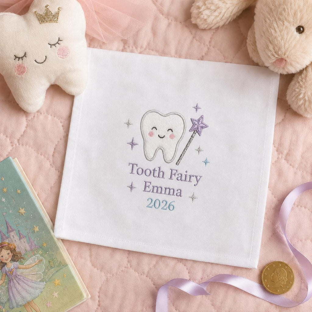 Tooth Fairy Embroidered Handkerchief, Personalized Kids Keepsake Hanky, Custom First Tooth Gift, Satin Fairy Gift