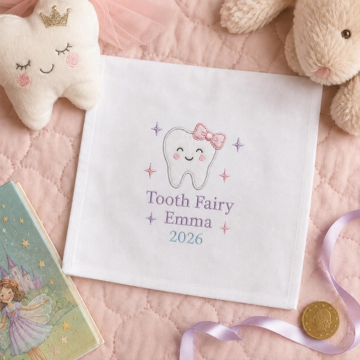 Tooth Fairy Embroidered Handkerchief, Personalized Kids Keepsake Hanky, Custom First Tooth Gift, Satin Fairy Gift