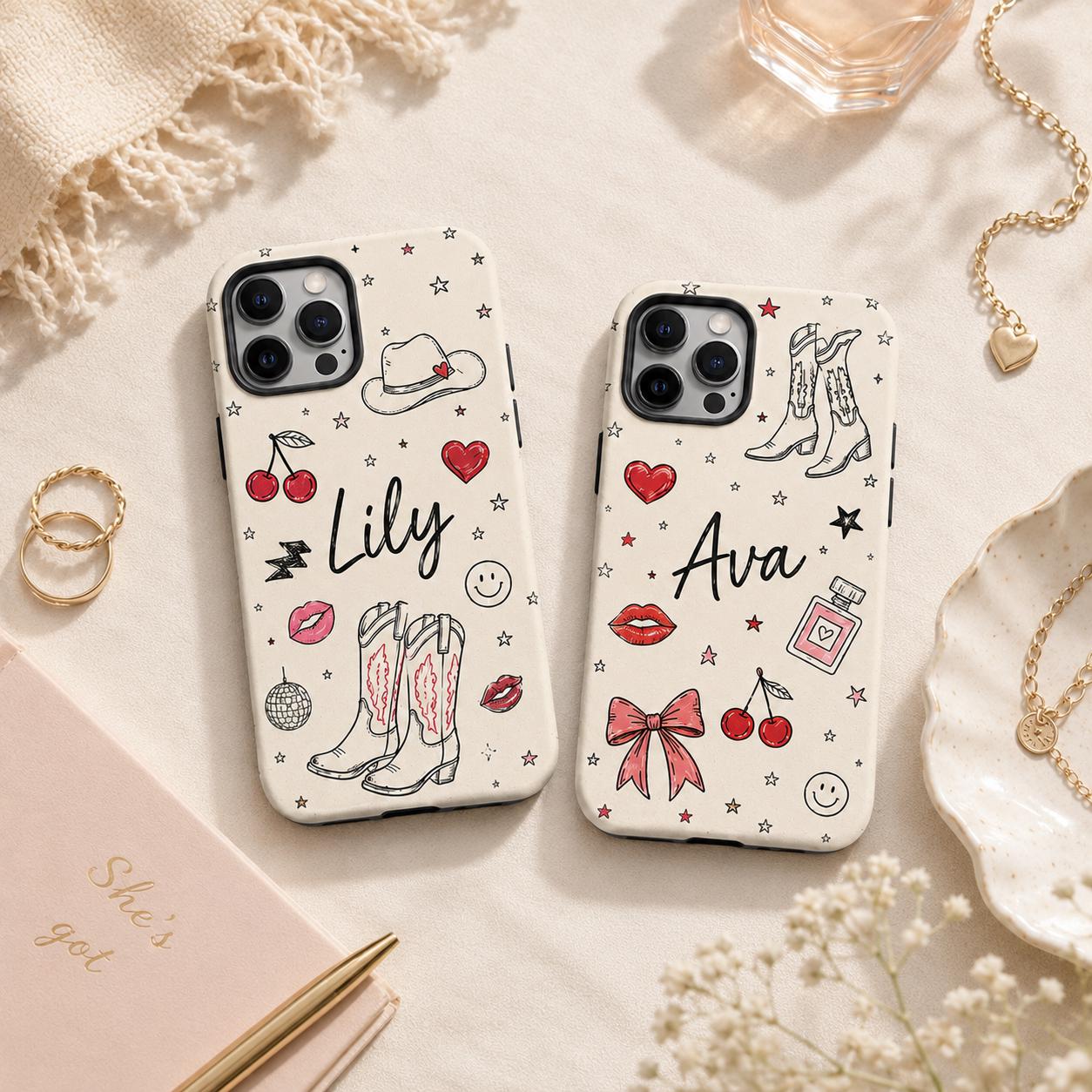 Custom Cowgirl Name iPhone Case, Western Doodle Phone Case, Personalized Gift