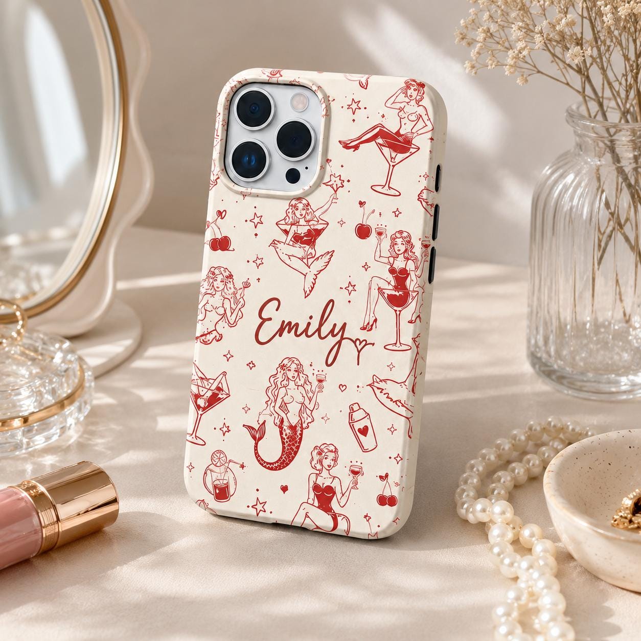 Custom Pin Up Phone Case, Retro Cocktail Mermaid iPhone Case, Personalized Cherry Girl Gift