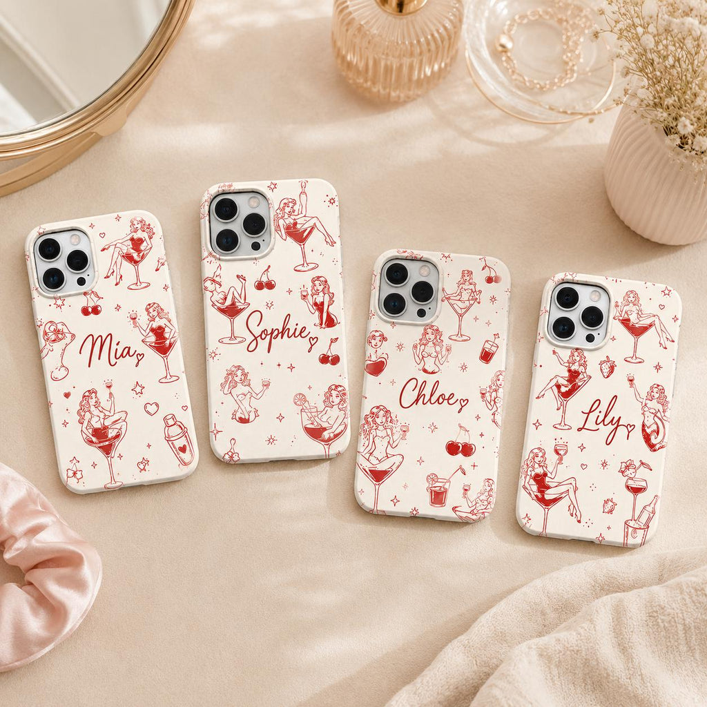Custom Pin Up Phone Case, Retro Cocktail Mermaid iPhone Case, Personalized Cherry Girl Gift