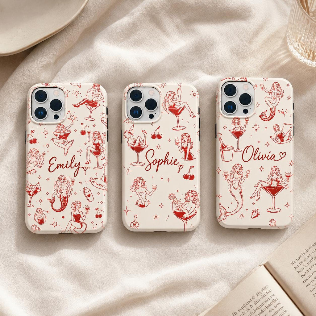 Custom Pin Up Phone Case, Retro Cocktail Mermaid iPhone Case, Personalized Cherry Girl Gift