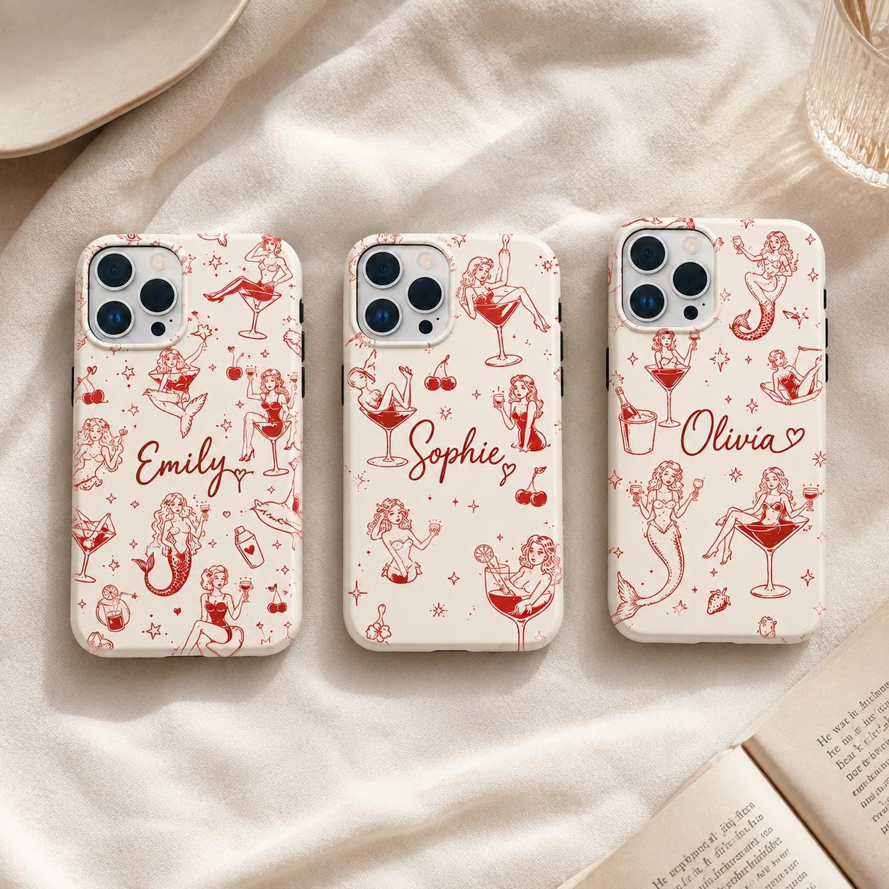 Custom Pin Up Phone Case, Retro Cocktail Mermaid iPhone Case, Personalized Cherry Girl Gift