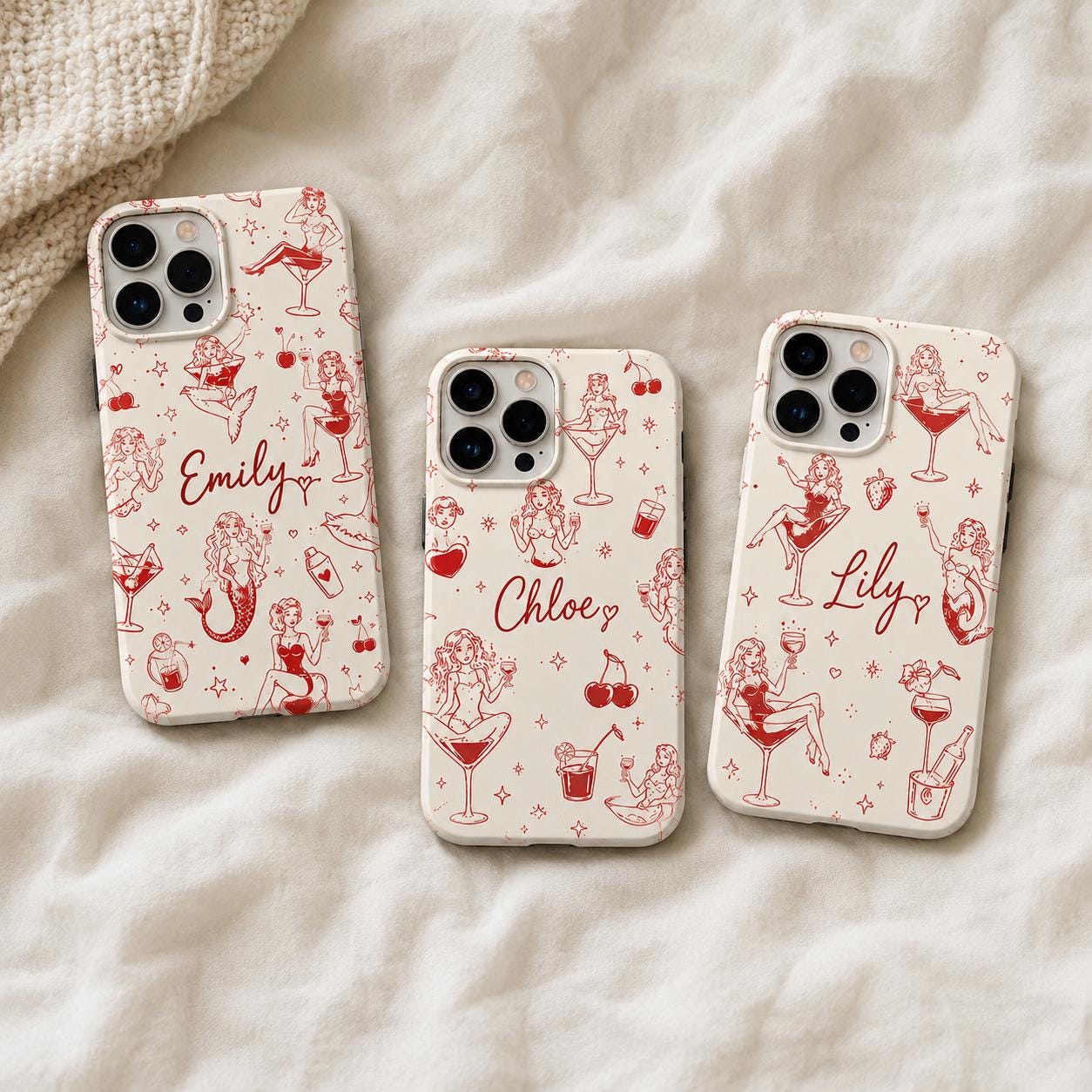 Custom Pin Up Phone Case, Retro Cocktail Mermaid iPhone Case, Personalized Cherry Girl Gift