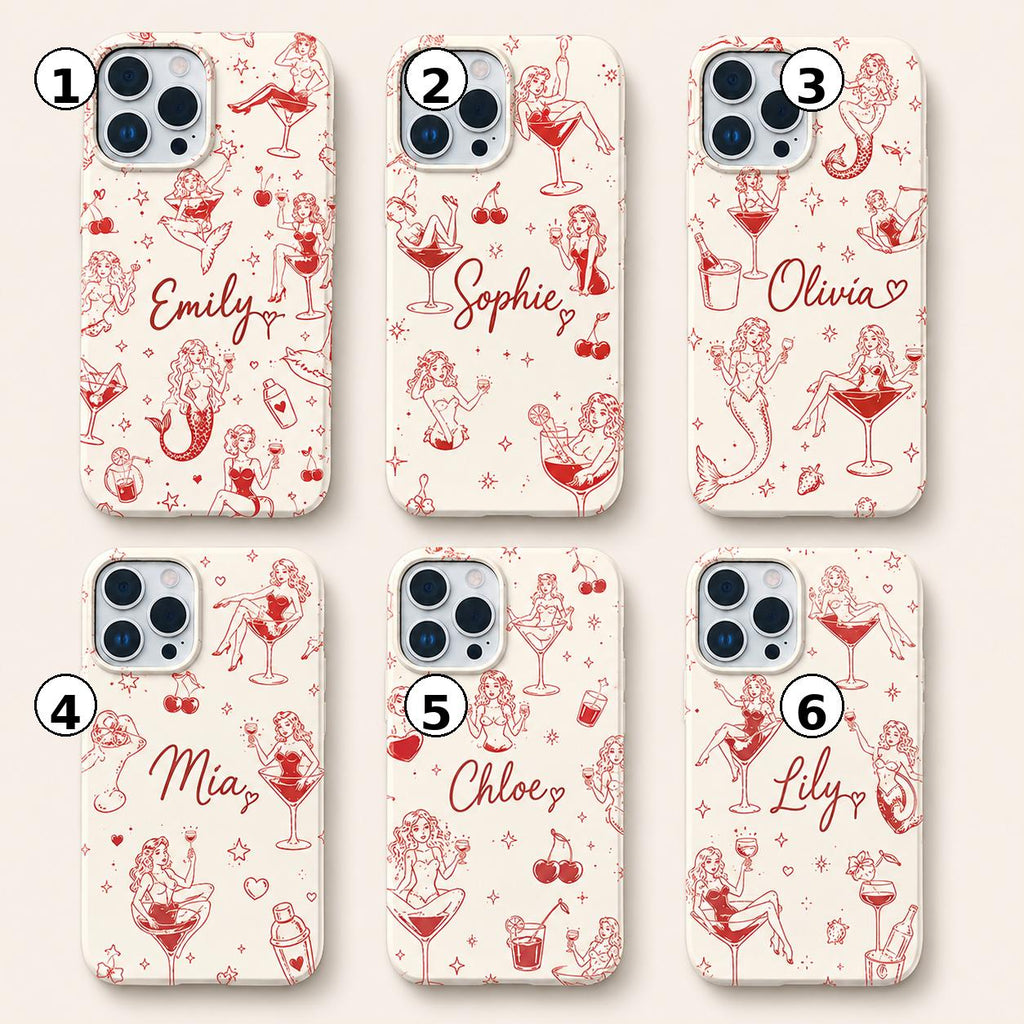 Custom Pin Up Phone Case, Retro Cocktail Mermaid iPhone Case, Personalized Cherry Girl Gift