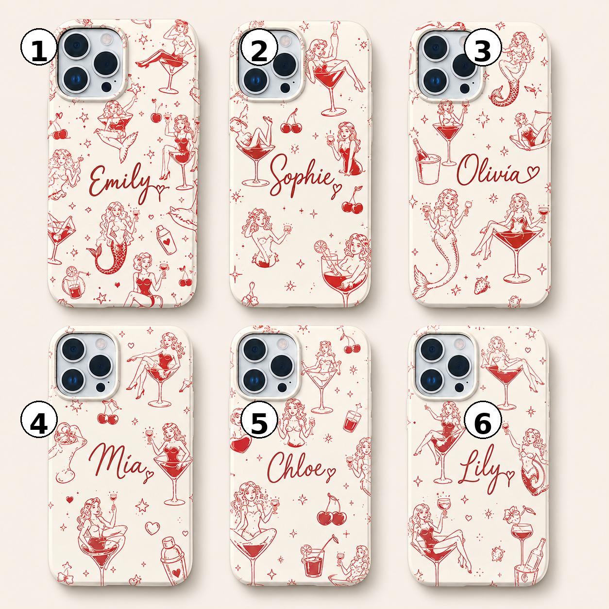 Custom Pin Up Phone Case, Retro Cocktail Mermaid iPhone Case, Personalized Cherry Girl Gift